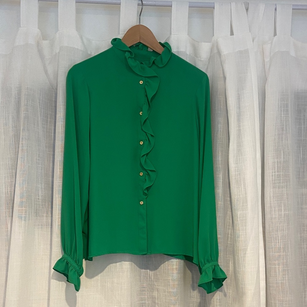 J. Crew Kelly Green Ruffle Blouse